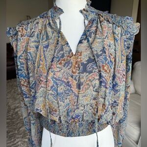 Elan XS Long Sleeve Multicolor Blouse With Shoulder Ruffle, Cinched Waist